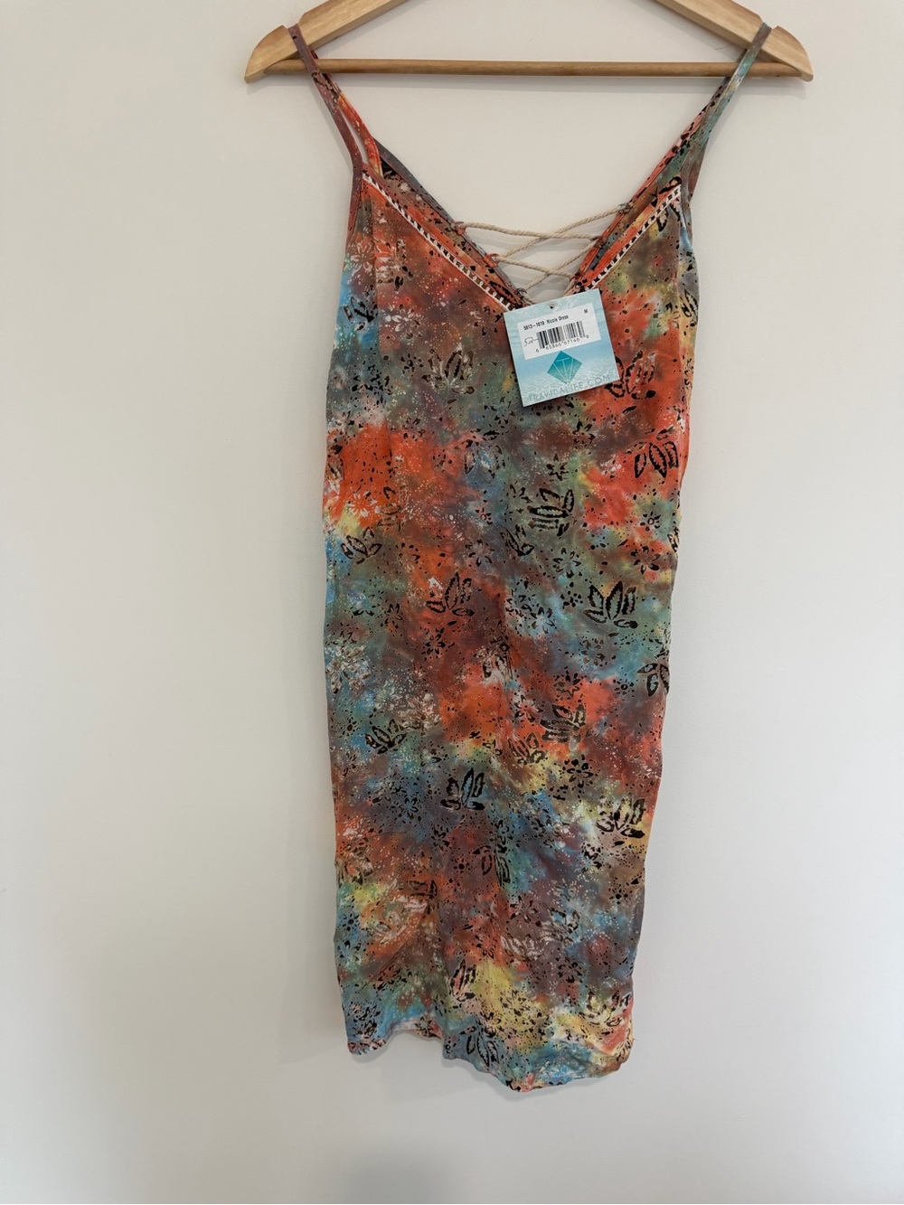 Womens Multicolor Batik vacation Slip Dress with Crisscross Back and pockets NWT